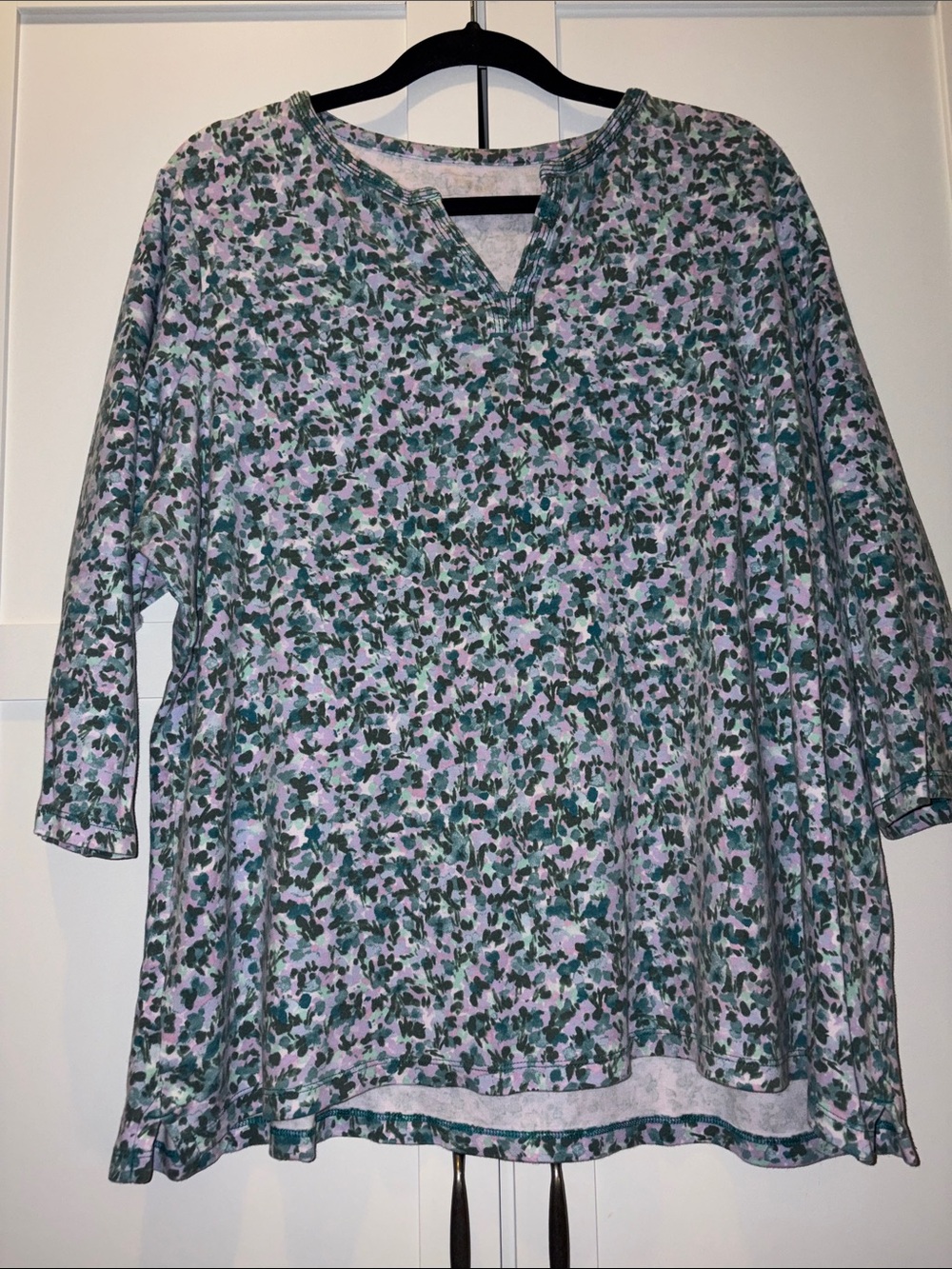 L.L. Bean Green and Lavender Floral V-Neck Tunic